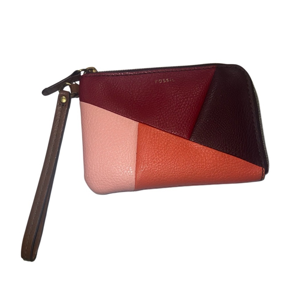 Fossil Jayda Geometric Patchwork Leather Wristlet Wallet Red Multi